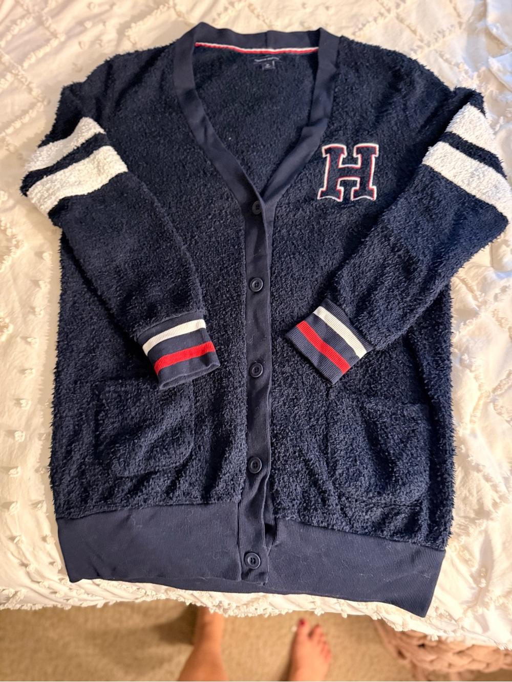 Tommy Hilfiger Navy Cardigan with Striped Cuffs and 'H' Patch